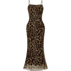 🆕 Women Brown Mesh Sexy Cami Long Dresses Floral Slip Maxi RuchedSummer Bodycon